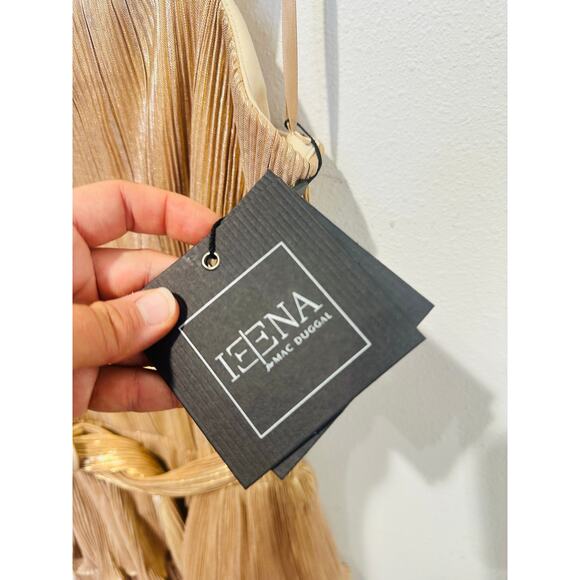 MAC DUGGAL Gold Metallic Plissé Square Neck Pleated Ruffle Belt Detail Dress 8 - Picture 9 of 16